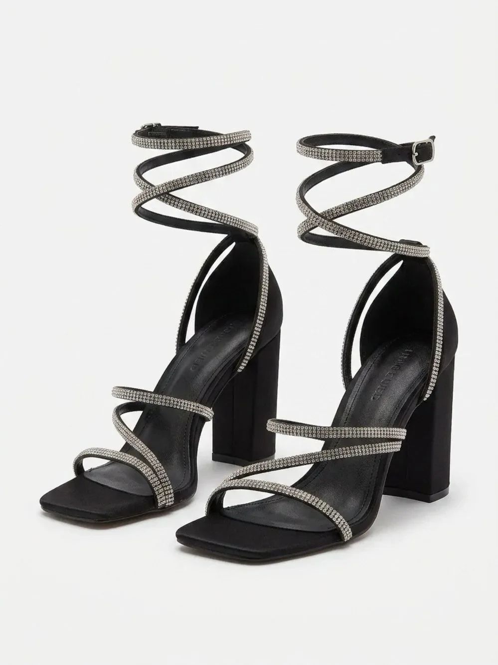 Black Strappy Rhinestone Wrap Heeled Sandals